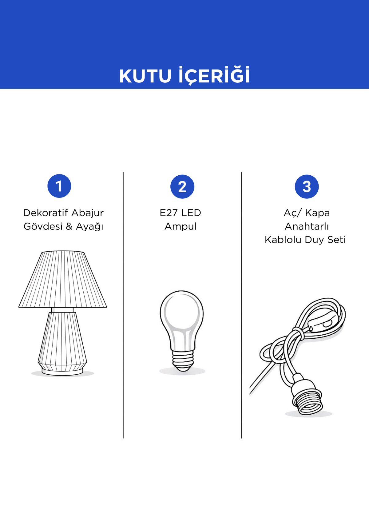 LIVA Abajur – Fildişi, Altın Renk Detaylı – kutu içeriği bilgilendirmesi