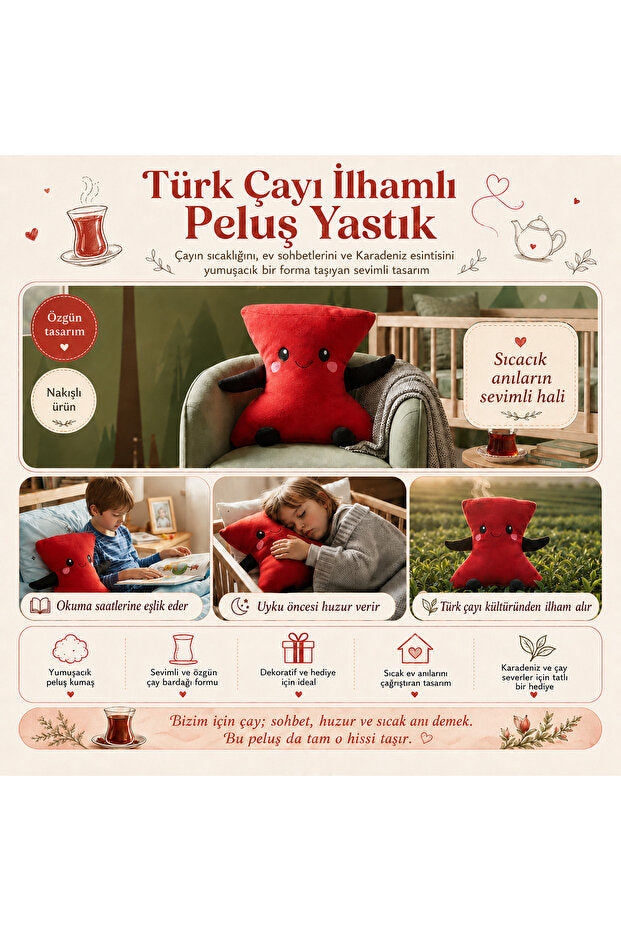 Çay Bardağı Peluş Dekoratif Yastık – Kırmızı, 45 cm – dekoratif kullanım görünümü