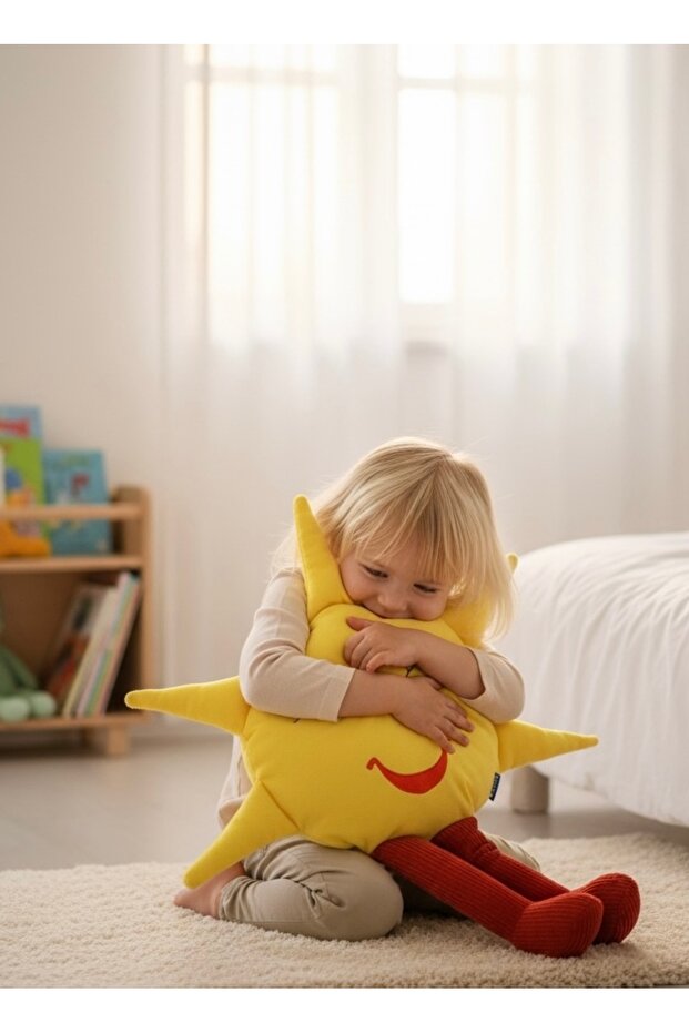 Mutlu Güneş Peluş Dekoratif Yastık – Sarı, 75 cm – dekoratif kullanım görünümü