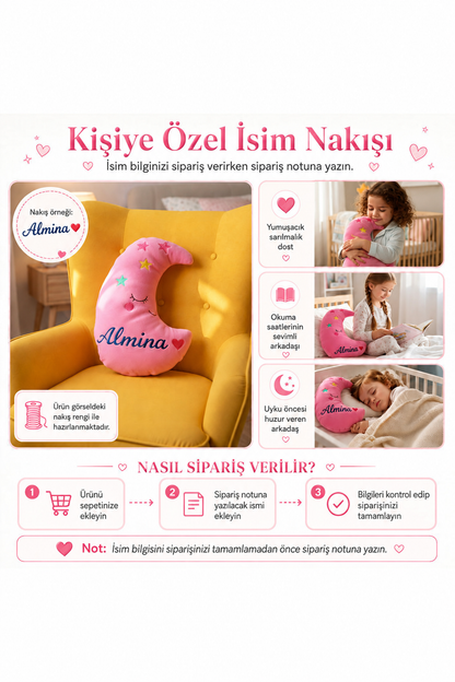 İsme Özel Aydede Peluş Yastık – Pembe, 40 cm – isim nakışı ve sipariş notu bilgilendirmesi