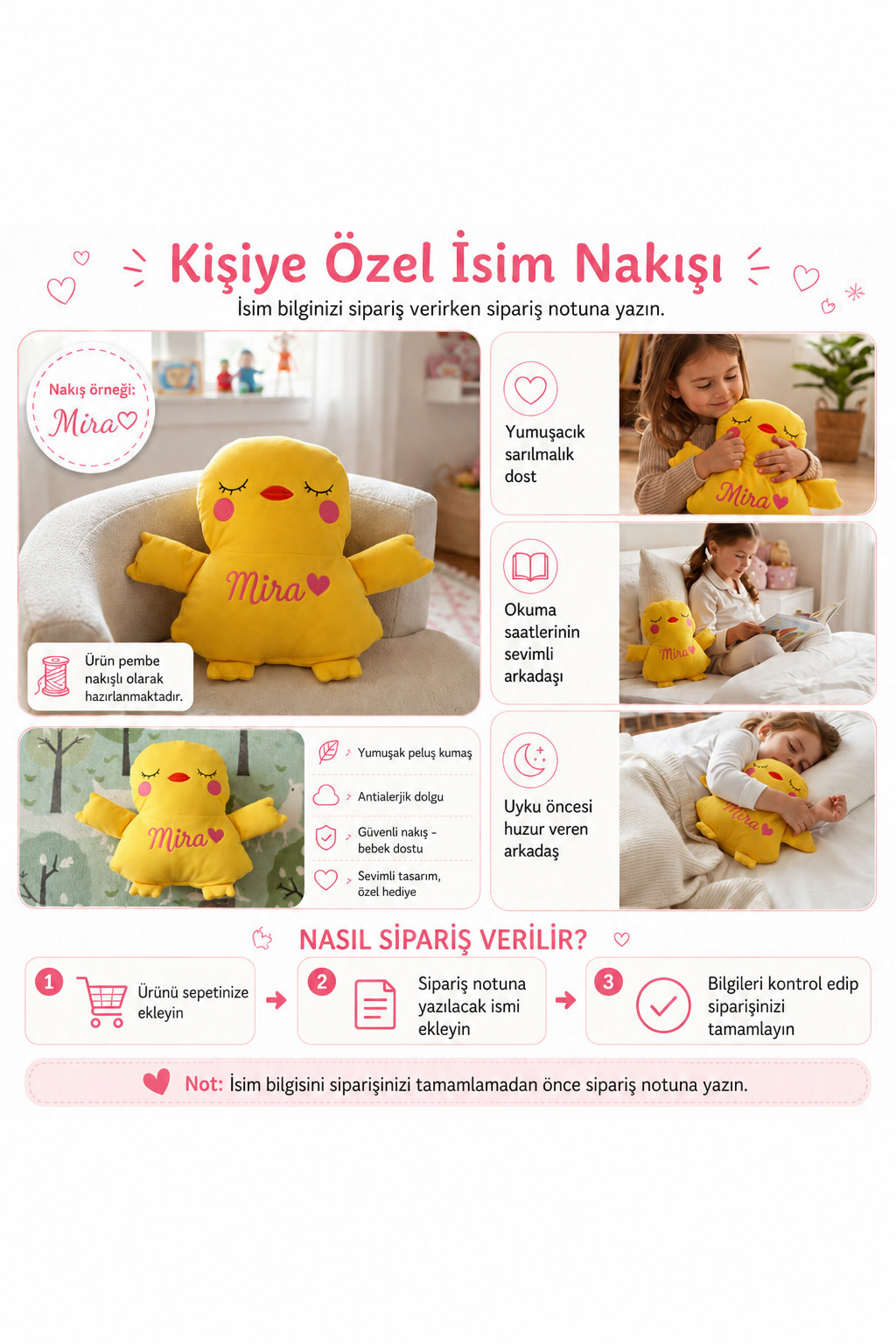 İsme Özel Civciv Peluş Yastık – Sarı, 35 cm – isim nakışı ve sipariş notu bilgilendirmesi