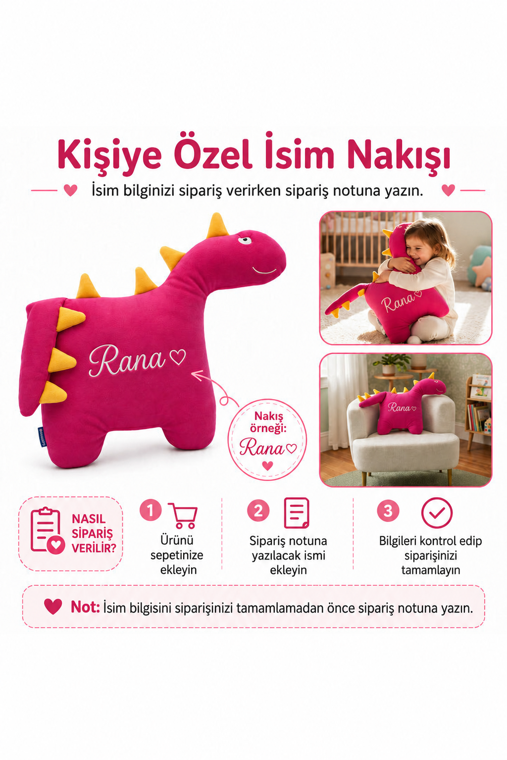 İsme Özel Mutlu Dinozor Peluş Yastık – Pembe, 50 cm – isim nakışı ve sipariş notu bilgilendirmesi