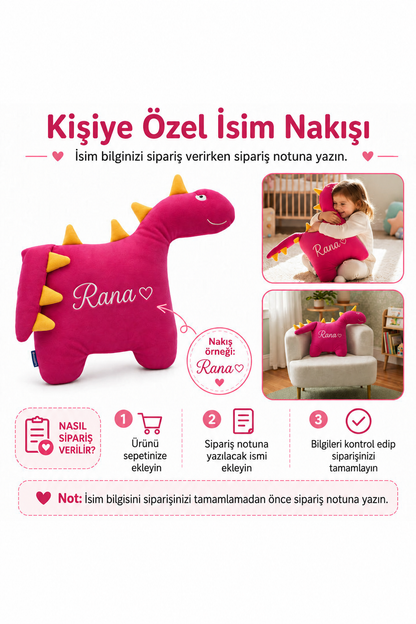 İsme Özel Mutlu Dinozor Peluş Yastık – Pembe, 50 cm – isim nakışı ve sipariş notu bilgilendirmesi