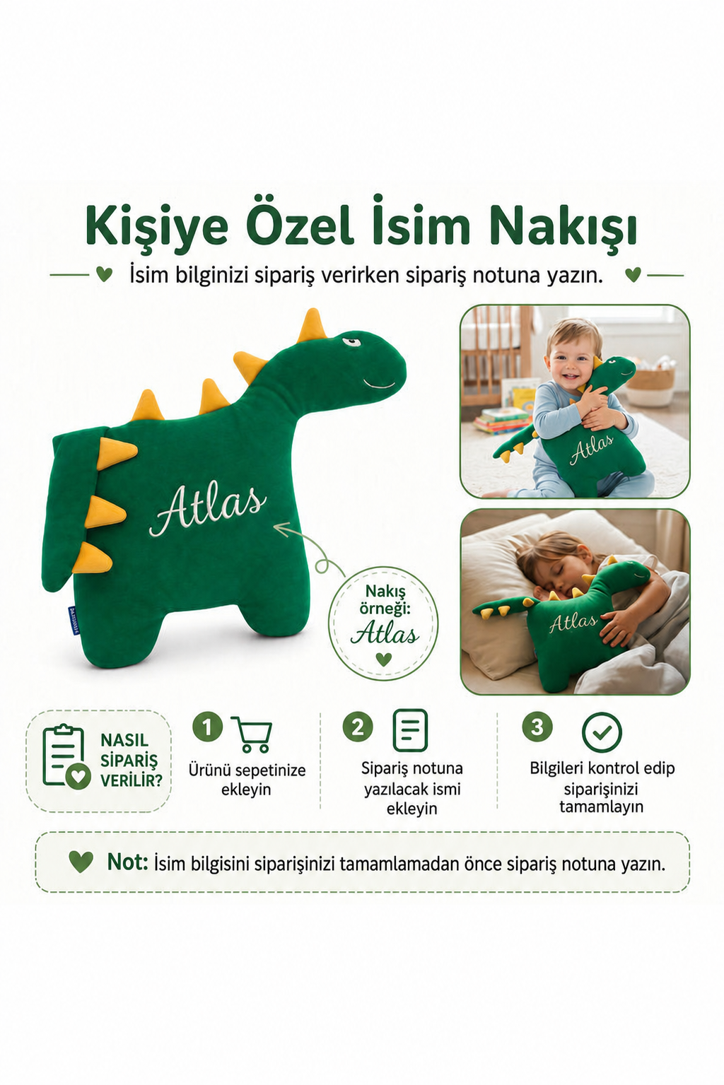 İsme Özel Mutlu Dinozor Peluş Yastık – Yeşil, 50 cm – isim nakışı ve sipariş notu bilgilendirmesi
