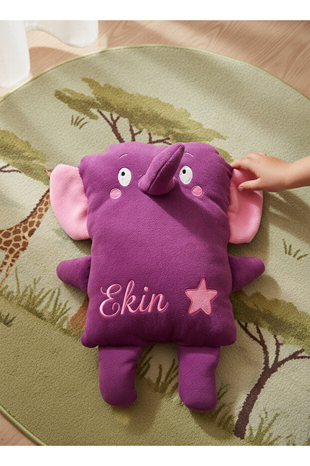 İsme Özel Fil Peluş Yastık – Mor, 40 cm – nakış ve kumaş görünümü