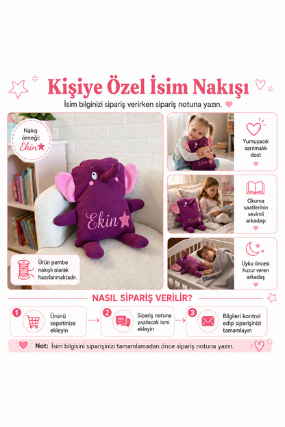 İsme Özel Fil Peluş Yastık – Mor, 40 cm – isim nakışı ve sipariş notu bilgilendirmesi