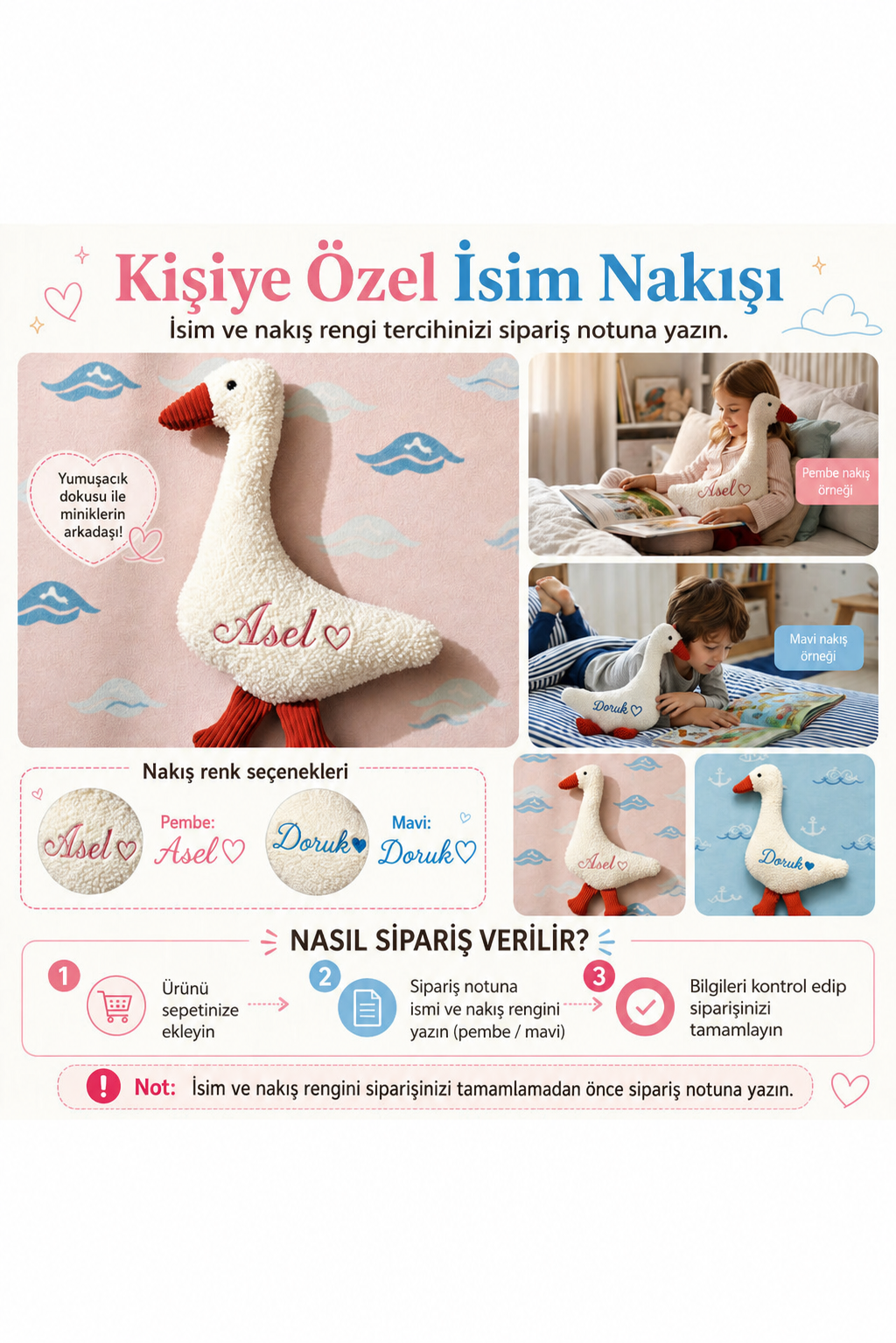 İsme Özel Pofuduk Kaz Peluş Yastık – Beyaz, 45 cm – isim nakışı ve sipariş notu bilgilendirmesi