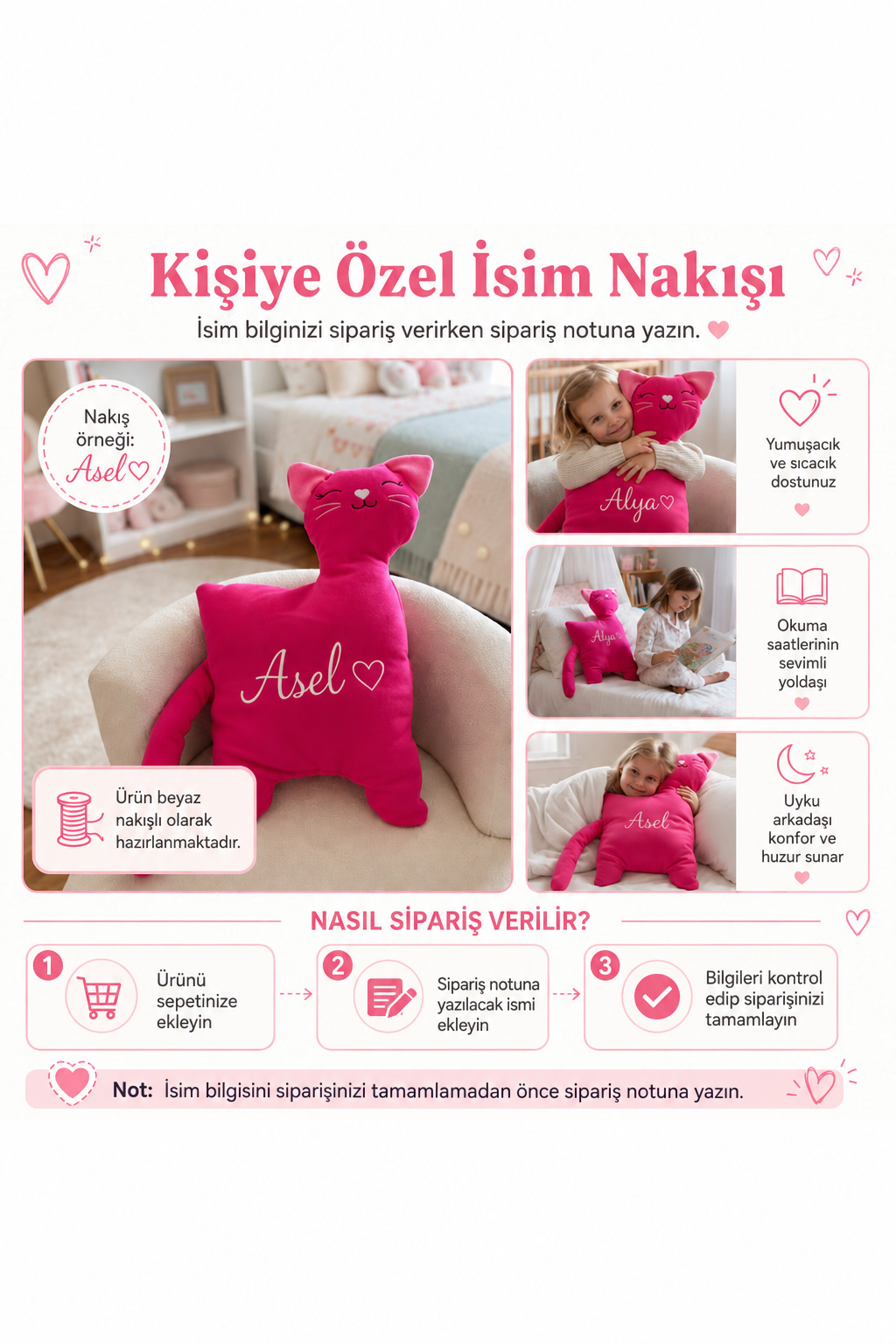 İsme Özel Kedi Peluş Yastık – Pembe, 60 cm – isim nakışı ve sipariş notu bilgilendirmesi