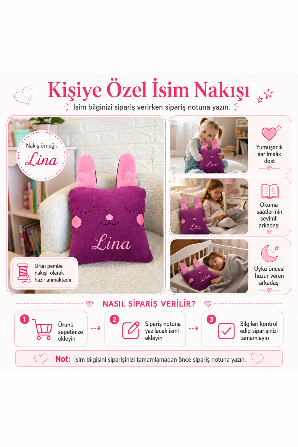 İsme Özel Tavşan Peluş Yastık – Mor, 40 cm – isim nakışı ve sipariş notu bilgilendirmesi