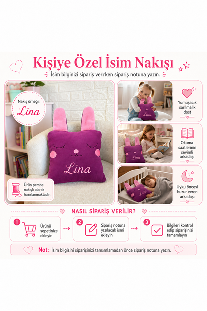 İsme Özel Tavşan Peluş Yastık – Mor, 40 cm – isim nakışı ve sipariş notu bilgilendirmesi