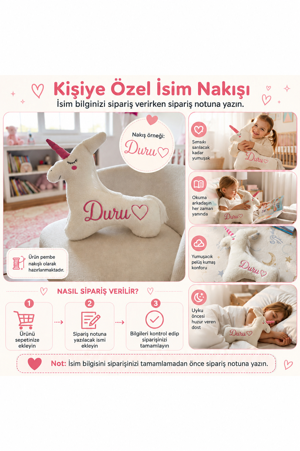 İsme Özel Unicorn Peluş Yastık – Beyaz, 40 cm – isim nakışı ve sipariş notu bilgilendirmesi