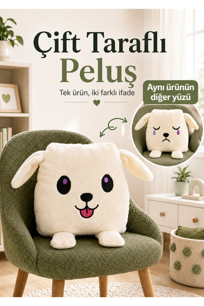 Çift Taraflı Köpek Peluş Yastık – Mutlu ve Duygusal, 52 × 40 cm – nakış ve kumaş görünümü