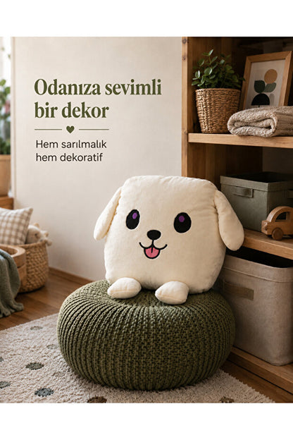 Çift Taraflı Köpek Peluş Yastık – Mutlu ve Duygusal, 52 × 40 cm – dekoratif kullanım görünümü