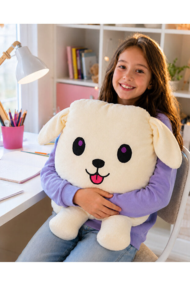 Çift Taraflı Köpek Peluş Yastık – Mutlu ve Duygusal, 52 × 40 cm – dekoratif kullanım görünümü