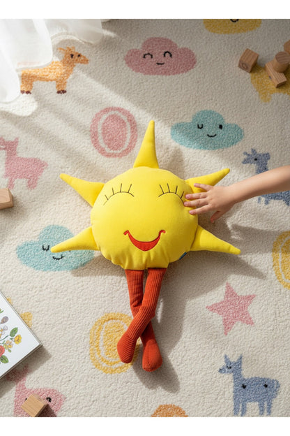 Mutlu Güneş Peluş Dekoratif Yastık – Sarı, 75 cm – nakış ve kumaş görünümü