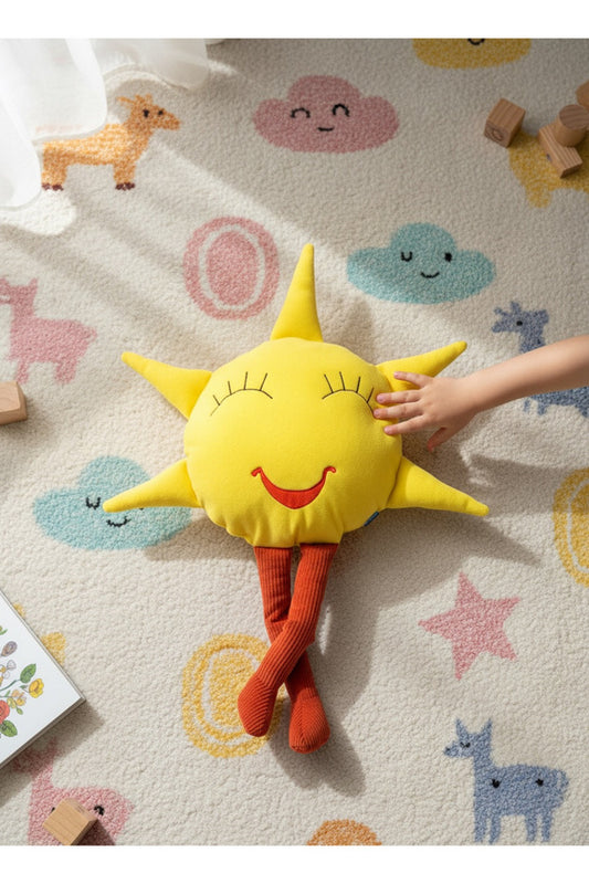 Mutlu Güneş Peluş Dekoratif Yastık – Sarı, 75 cm – nakış ve kumaş görünümü
