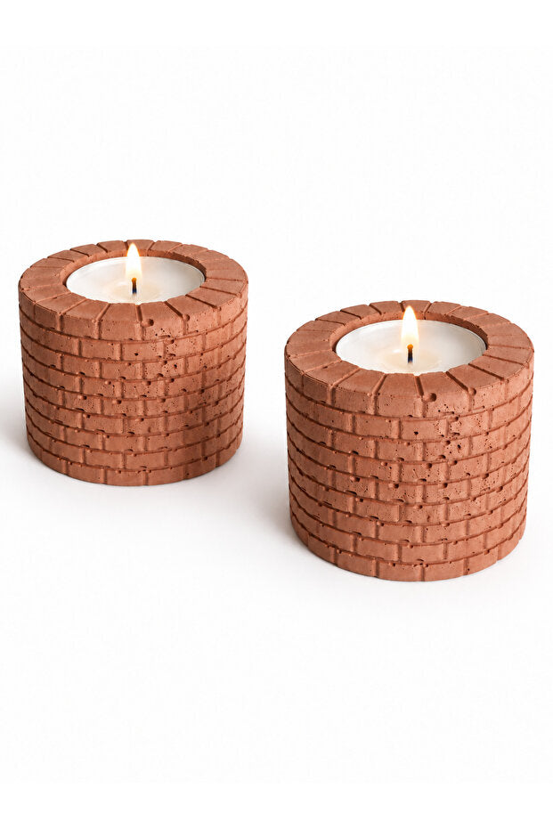Terracotta Tuğla Desenli Beton Tealight Mumluk – 2’li Set, Mumlar Dahil – genel görünüm