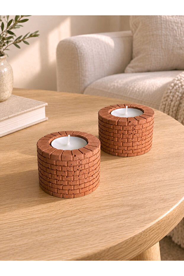 Terracotta Tuğla Desenli Beton Tealight Mumluk – 2’li Set, Mumlar Dahil – dekoratif kullanım görünümü