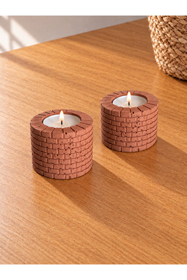Terracotta Tuğla Desenli Beton Tealight Mumluk – 2’li Set, Mumlar Dahil – dekoratif kullanım görünümü