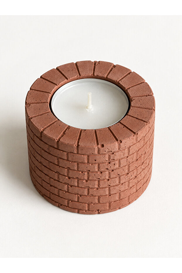 Terracotta Tuğla Desenli Beton Tealight Mumluk – 2’li Set, Mumlar Dahil – yüzey ve form detayı