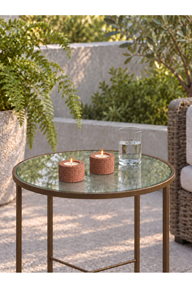 Terracotta Tuğla Desenli Beton Tealight Mumluk – 2’li Set, Mumlar Dahil – dekoratif kullanım görünümü