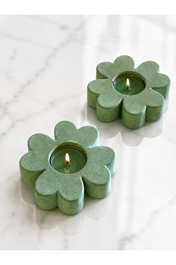 Yeşil Çiçek Yonca Beton Tealight Mumluk – 2’li Set – genel görünüm