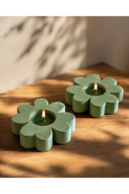 Yeşil Çiçek Yonca Beton Tealight Mumluk – 2’li Set – dekoratif kullanım görünümü