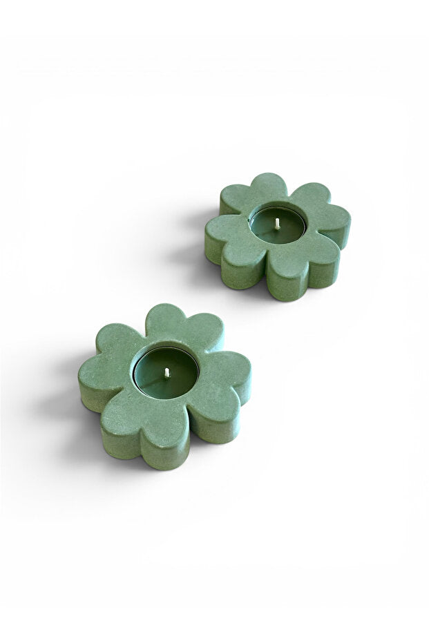 Yeşil Çiçek Yonca Beton Tealight Mumluk – 2’li Set – dekoratif kullanım görünümü
