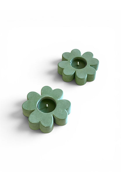 Yeşil Çiçek Yonca Beton Tealight Mumluk – 2’li Set – dekoratif kullanım görünümü