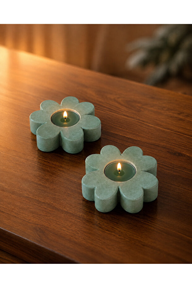 Yeşil Çiçek Yonca Beton Tealight Mumluk – 2’li Set – yüzey ve form detayı