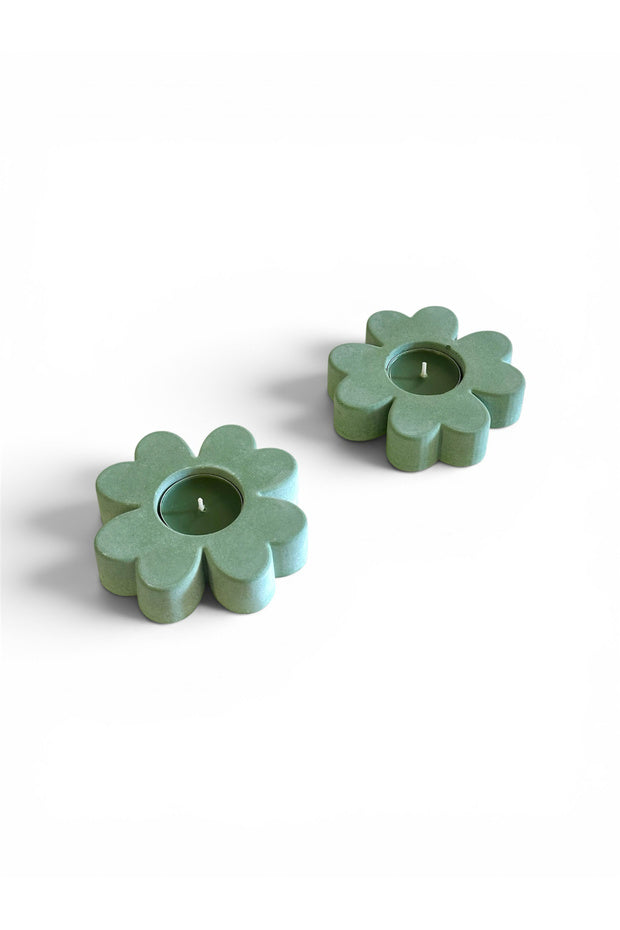 Yeşil Çiçek Yonca Beton Tealight Mumluk – 2’li Set – dekoratif kullanım görünümü